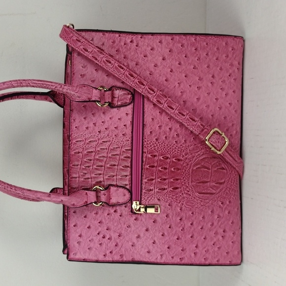 Hot Pink Faux Ostrich Brahmin-Like Hand-Bag Crossbody W/Matching Wristlet NWOT - Picture 5 of 16